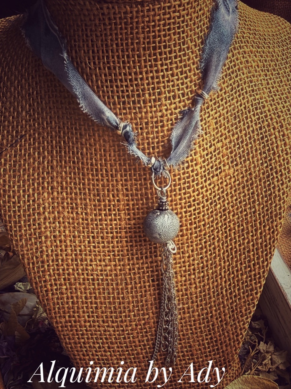 SCULPTURAL ORB + TASSELS Statement Pendant Necklace Blue & Gray